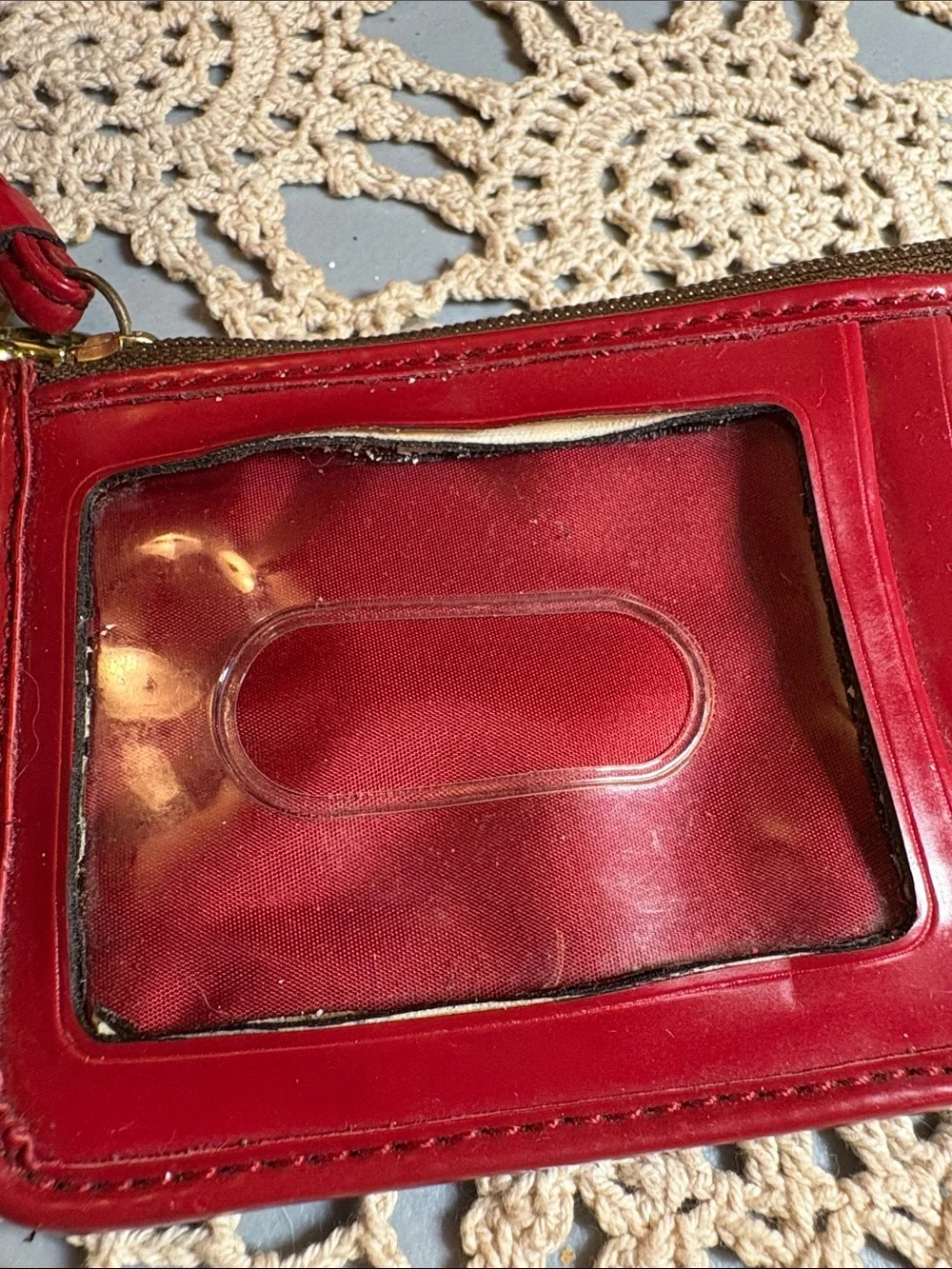 Card Tan Signature Canvas Case with Red Trim Wristlet